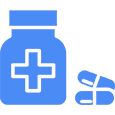 A blue pill bottle and two pills on a black background