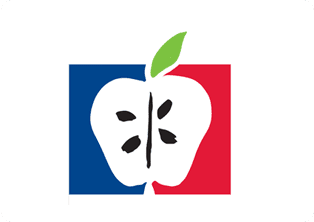 A red, white and blue apple with a leaf on it.