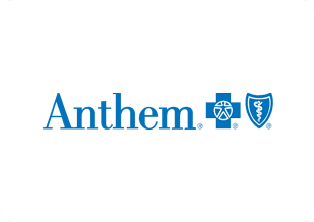 A blue and white logo of anthem.