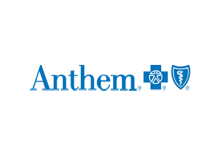 A blue and white logo of anthem.