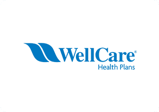 A blue and white logo of wellcare health plans.